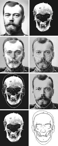 Пример компьютерного фотосовмещения одного из снимков Н.А. Романова с изображением черепа от скелета #4. Исследованы проекционные соотношения 17 пар признаков. Покаяние. С. 62.